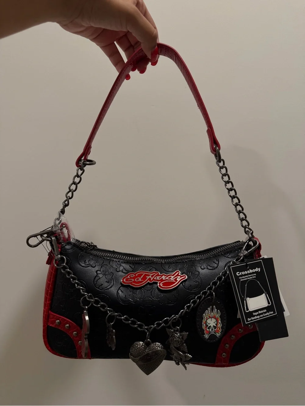 Ed Hardy Black and Red Shoulder Bag with Charm Chain Accents